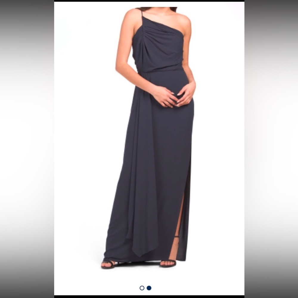 H Halston Navy One Shoulder Gown